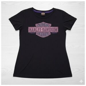 Harley Davidson Women's Medium T-Shirt Black Rhinestone Logo Tri County Ohio
